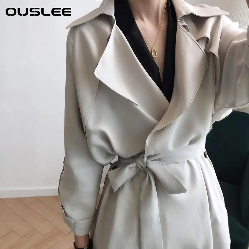 

OUSLEE-Women's Vintage Trench Coat, Long Sleeve, Sashes, Slim, Loose, White, Lady, Elegant, Korean, Outwear, Casual