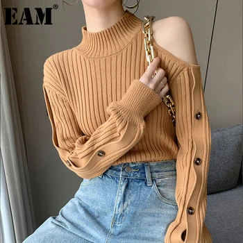 

[EAM] Off Shoulder Button Knitting Turtleneck Sweater Loose Fit Long Sleeve Women New Fashion Tide Autumn Winter 2020 1Z417