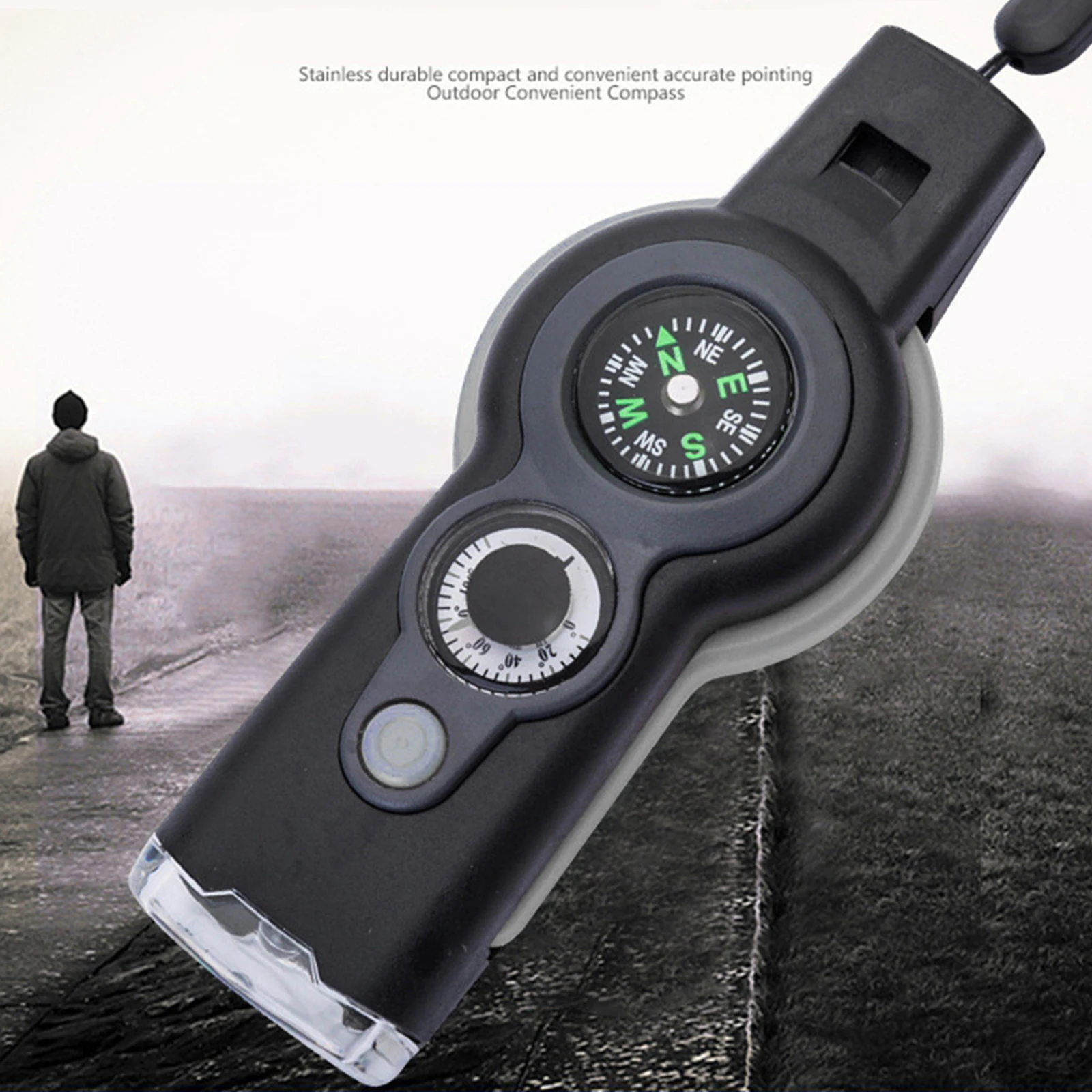 7 in 1 LED Emergency Survival Camping Hiking Whistle Compass Thermometer