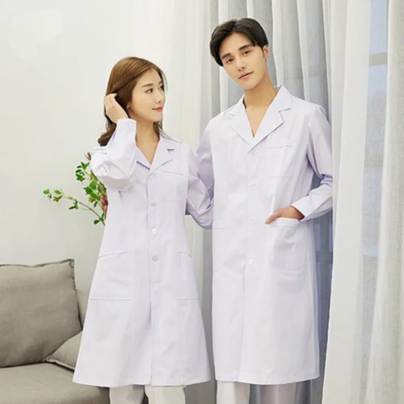 Male and female physicians wear white coats and female doctors wear long sleeves and slim figures and nurses wear lab coats