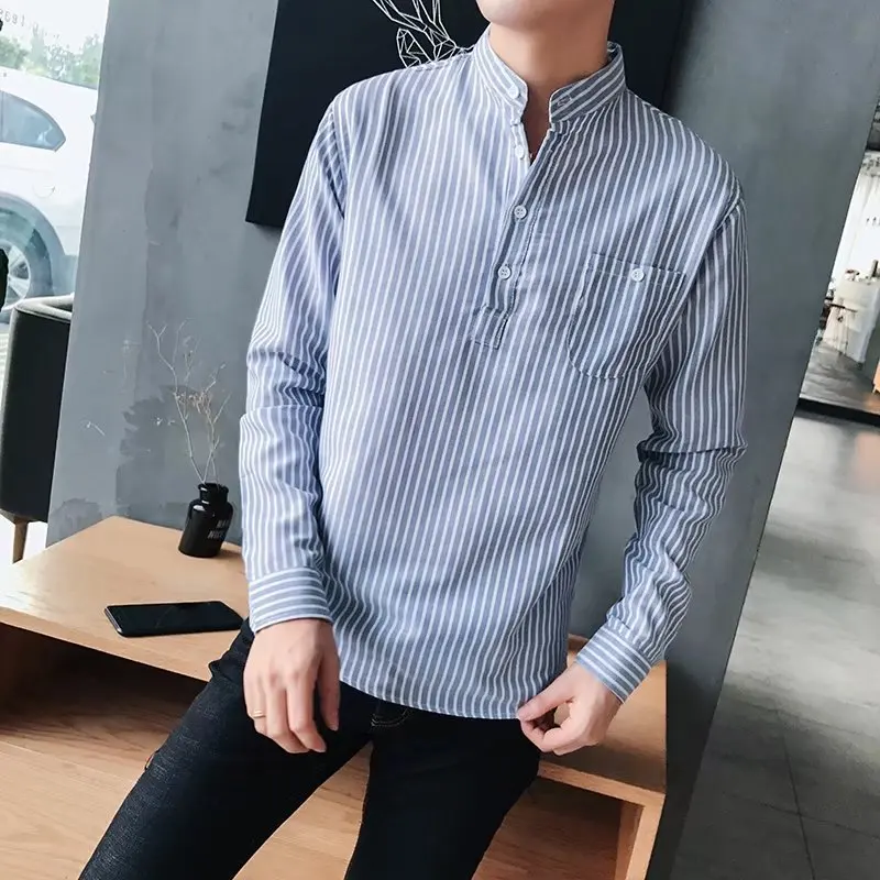 

New Fashion Spring Summer Casual Men's Shirt Cotton Long-sleeved Striped Slim Fit Stand-up Collar Shirt Business Shirt