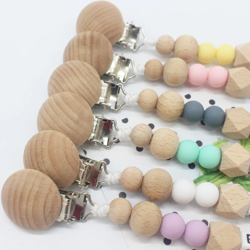 Baby Pacifier Pink Crown Silicone Beads Pacifier Holder Chain Shower Gift Personalised Name Handmade Beech Wooden Clip Chain