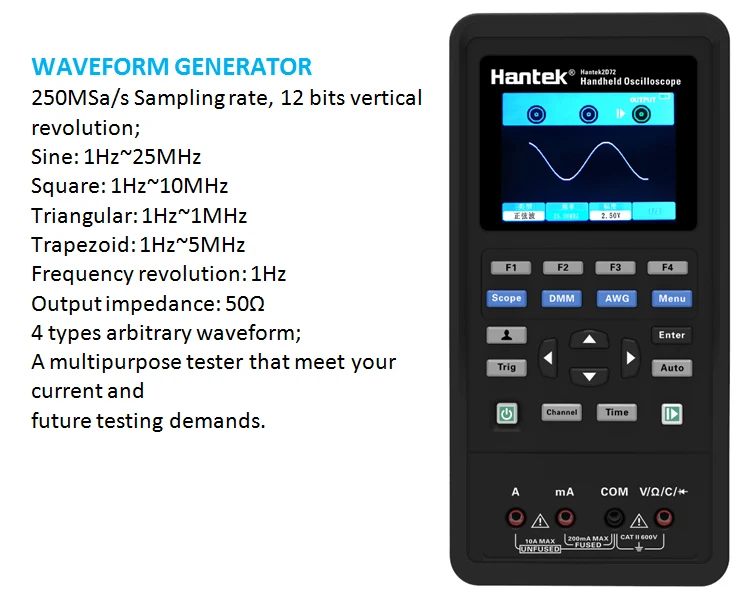 Hantek 3 в 1 цифровой осциллограф+ генератор сигналов+ мультиметр портативный USB 2 канала 40 МГц 70 МГц ЖК-дисплей тестовый метр инструменты