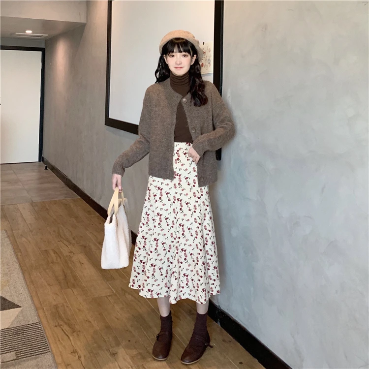 Harajuku Floral Print Woman Skirt Korea High Waist Loose A-Line Skirt Ladies The New Simple Slim Fit Autumn Skirt Women