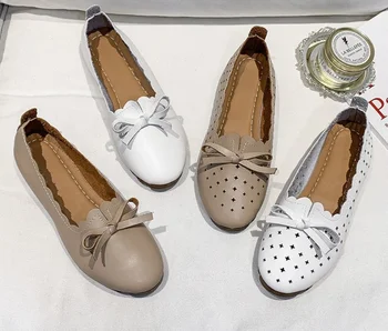 

Women Fashion Leather Shoes soft Comfortable Hollow Flats Nurse Casual Handmade Ballet Solid Flats Shoe