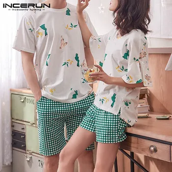 

INCERUN Summer Mens Pajamas Sets Homewear 2020 Short Sleeve Print Funny T Shirt Plaid Shorts 2 Pieces Soft Couple Sleepwear Suit