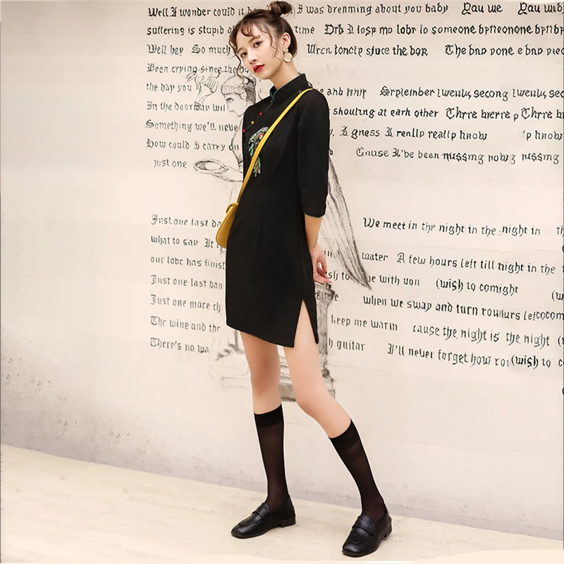 Женское платье чонсам, черное винтажное замшевое сексуальное платье Qipao, весенне-осеннее повседневное женское свадебное платье, тонкое уличная одежда