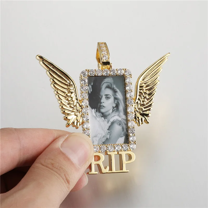 Custom Photo Frame Angel Wing Square RIP Pendants Necklace For Women Men Unisex Bling Iced Out
