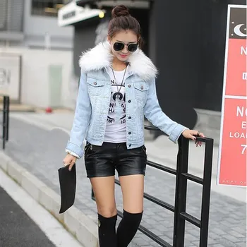 

8 Colors Plus Size Autumn Winter Women Lambswool Outerwear Pockets Slim Warm Short Jeans Jacket Women Fur Denim Coat