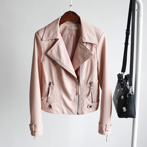 pink Пальто мотоциклетная куртка Осень женский костюм воротник тонкий короткий с длинным рукавом из искусственной кожи в стиле панк - Цвет: pink