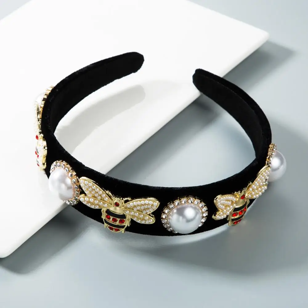 Europe Style Retro Pearl Hairband Bee Headband For Women Girl Velvet Black Hairbands Crystal Hair Bezel Bride Hair Accessories