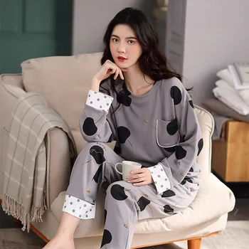 

Spring Autumn Women Pijamas Suit 2PCS Pajamas Nightwear Soft Cotton Sleepwear Sleep Set Casual Home Clothes Print Long Negligee