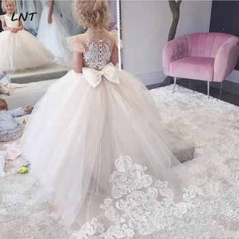 

Pleated Shoulder Light Champagne Ball Gown Flower Girl Dresses with Sheer Back Girl Pageant Dress for Wedding Party