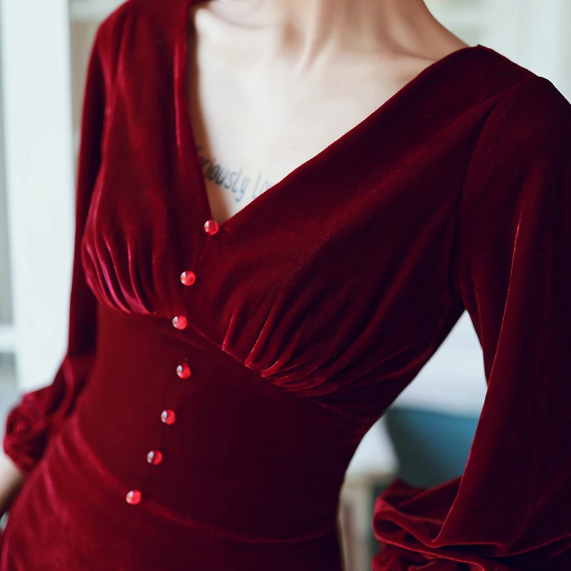 AE596 Robe De Soiree бургундское сексуальное велюровое вечернее платье для женщин ТРАПЕЦИЕВИДНОЕ с v-образным вырезом элегантное официальное вечернее платье