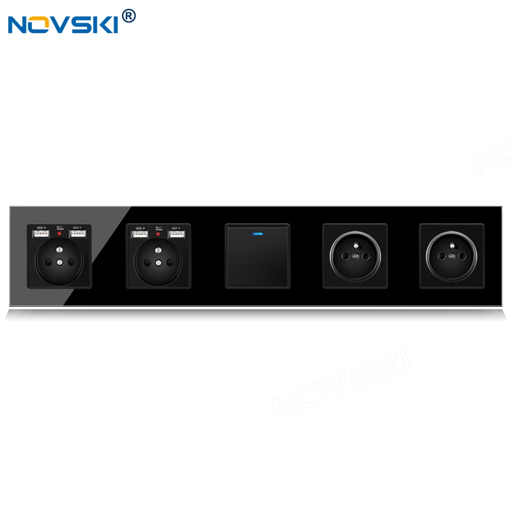 

430 EU Standard DIY Switch Socket Quintuple Frame, French Outlet 5 Frame, 2.1A Dual USB Charging Port, German Bayer Base, Black