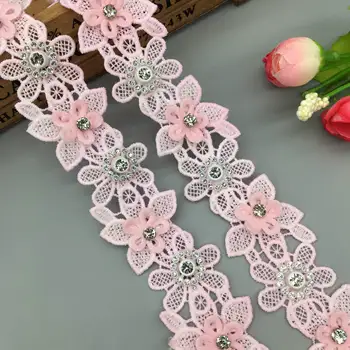 

1 yard Polyester Pink Pearl Rhinestones Flower Embroidered Lace Trim Ribbon Applique DIY Manual Wedding Sewing Craft Decoration
