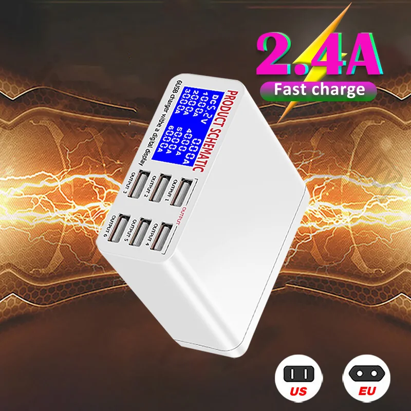 

travel 6 Ports USB Charger Smart Charging Multi-Port Travel Charger LCD Digital Display Station Multi-Port USB Charging Plug US