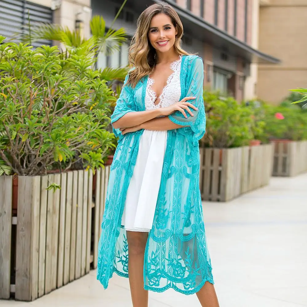 

2020 Women Sexy Loose Sheer Mesh Embroidered Swimwear Cardigan Beachwear Bathing Suit Solid Color Cover Up For Summer 2019