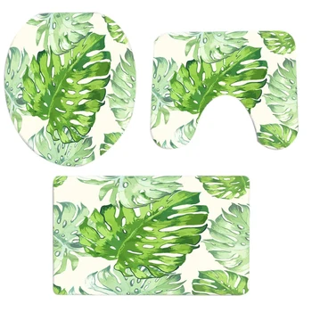 

3Pcs Green Plant Soft Bathroom Set Pedestal Rug+Lid Toilet Cover+Bath Mat Carpet