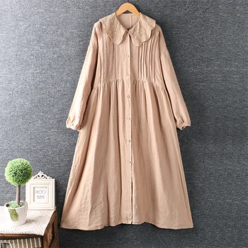 

New autumn cotton linen dress solid long sleeve loose dress single breasted embroidery floral lapel casual dress