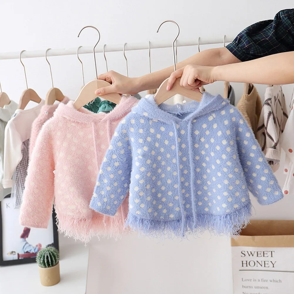 

2019 Autumn Winter Girls Kids Baby sweet Infants Knitwear Kint Tassel Dot Polka Hooded Sweater Tops Outwear Coat S9511