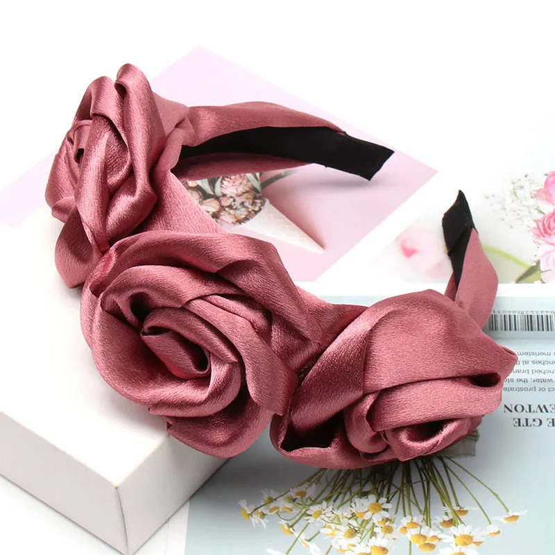 Rose Red Satin Модный однотонный шифоновый цветочный ободок с розами для женщин и девушек, элегантные повязки для волос невесты, аксессуары для волос, ободок для волос, вечерние ободки для волос - Цвет: Rose Red Satin