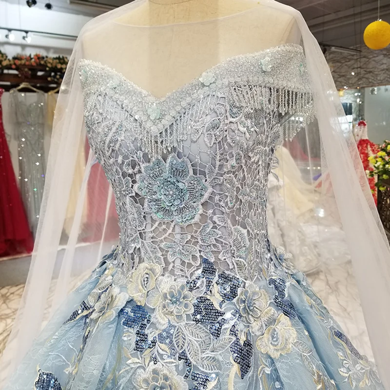 LS31447 светло голубое красивое вечернее платье с круглым вырезом и коротким