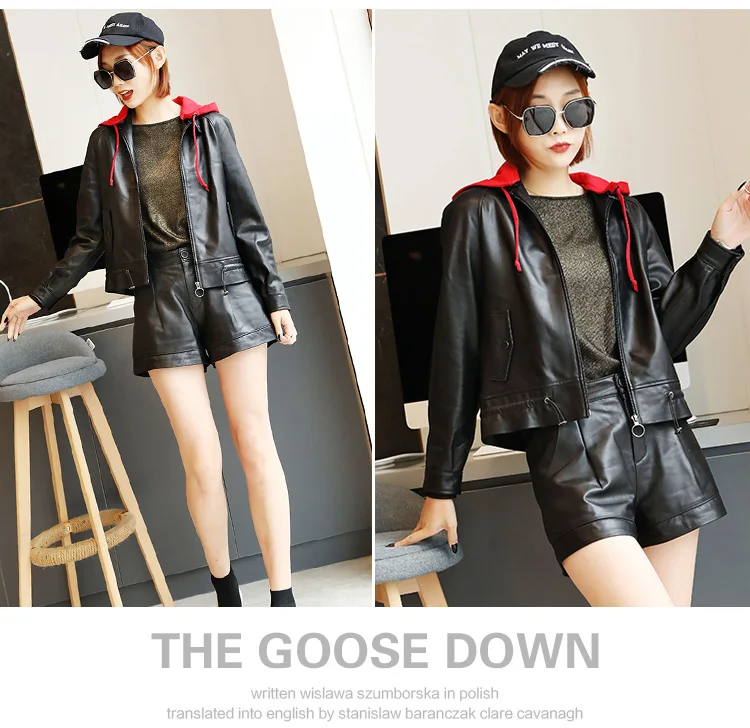 Genuine Leather Jacket Highstreet Drawstring Red Hooded Baseball Jacket Coats Women Autumn Casual Black Solid Zip Outwear Coats