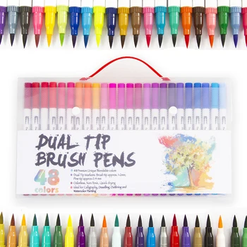 

48 Dual Brush Pen Calligraphy Markers, 1-2mm Brush Tip and 0.4mm Fine Tip, Assorted Colors, Comfortable Grip Neon Pen Barrel