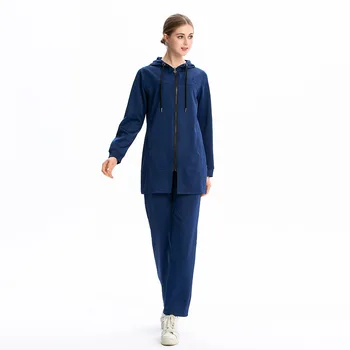 

WEPBEL Top + Full Pants Zip Pocket Loose Women Clothes Set Middle East Solid Color Hooded Casual Sports Clothing Suit