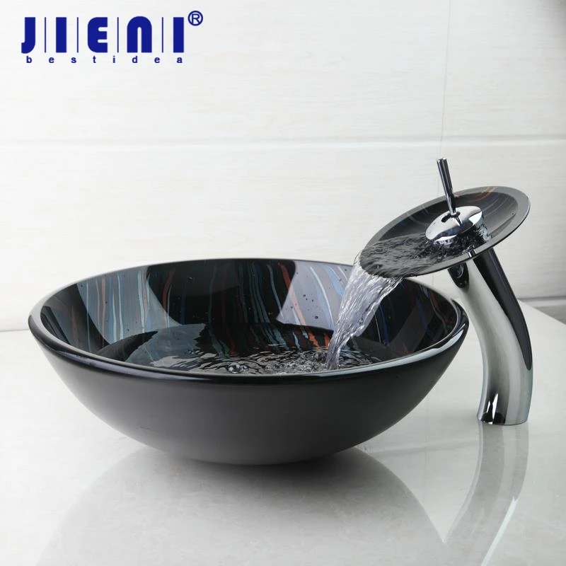 

JIENI Modern Tempered Glass Basin Bowl Sinks / Vessel Hand Painting Basins With Brass Faucet Taps,Water Drain Bathroom Sink Set