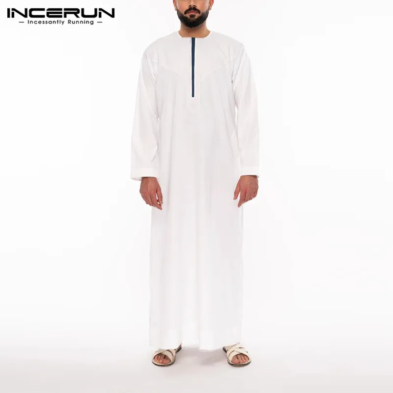 

INCERUN Vintage Patchwork Long Robes Pockets Islamic Dubai Clothing Men Long Sleeve O Neck Muslim Caftan Robes Mens Jubba Thobe