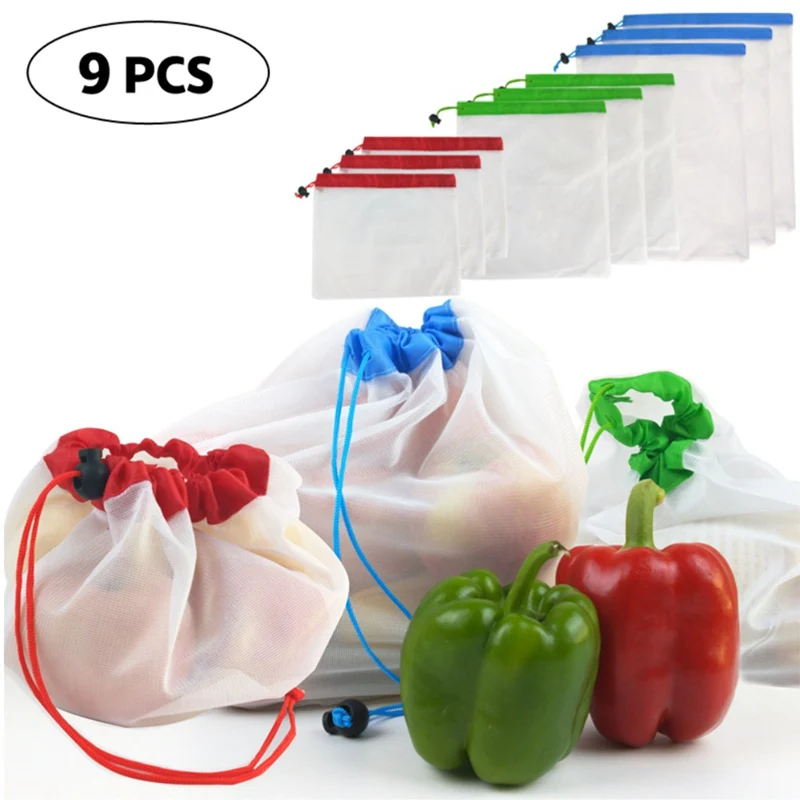 9pcs 9 шт. многоразовые сетчатые пакеты для производства моющиеся мешки для хранения продуктов, покупок, фруктов, овощей, игрушек, мелочей, органайзер, сумка для хранения - Цвет: 9pcs