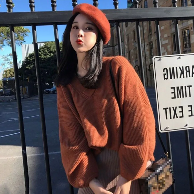 Зимние женские базовые свитера, однотонный Повседневный пуловер, джемпер, осень, v-образный вырез, вязаный серый свитер, женский