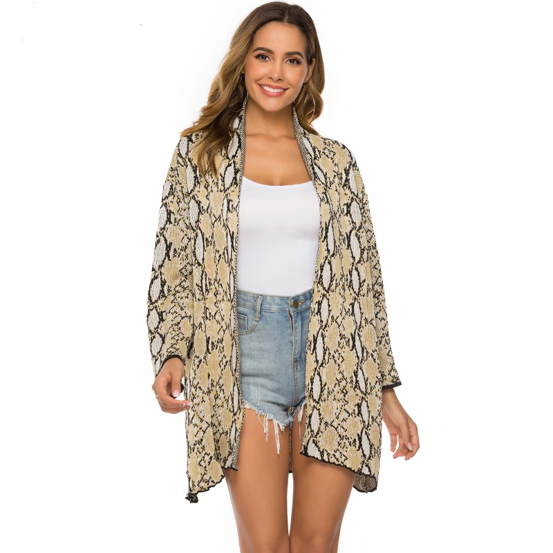 Женский вязаный кардиган, Sueter Mujer, змеиный принт, осенний кардиган, Invierno, длинный рукав, женский свитер, Pull Femme, темно-серый
