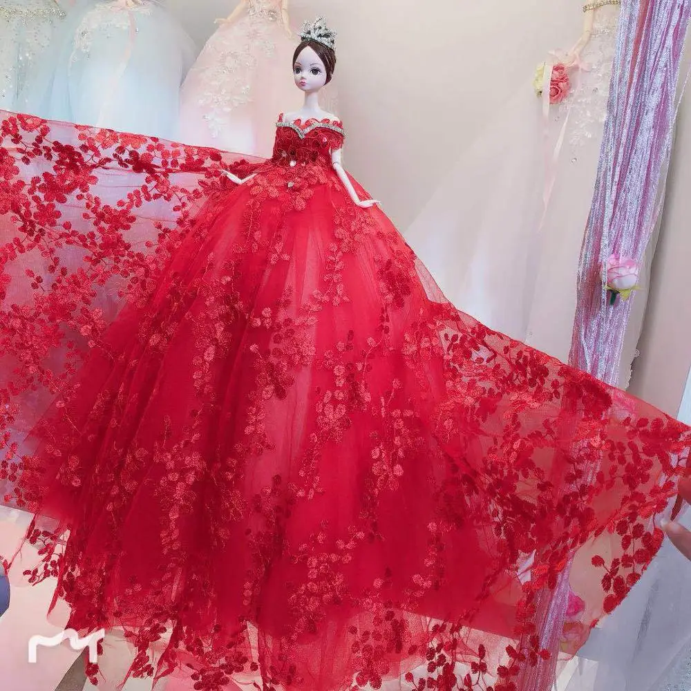 Red Large Doll High Quality Luxury Long Tail Soft Handmade Wedding Dress Lace Princess Girl Child Present Girl's Gift