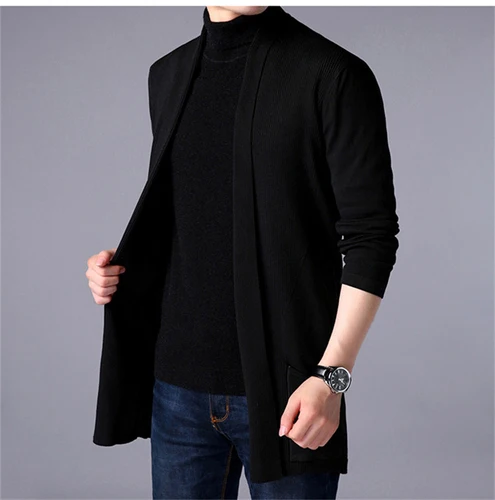 Men Long Style Cardigan Sweater New Fashion Spring and Autumn X-long Knit Sweater Jackets Solid Color Sweatercoat - Цвет: Черный