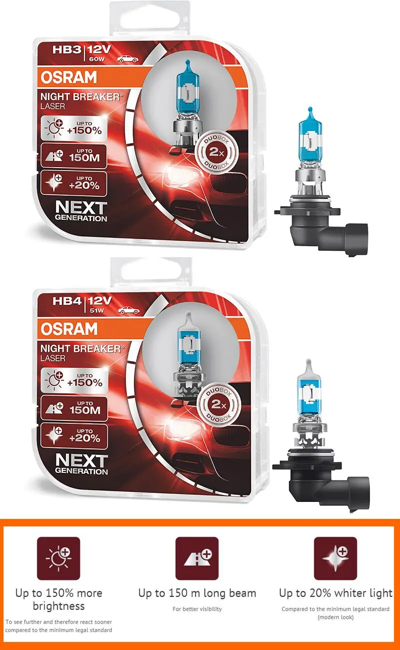 Лампа Ксеноновая OSRAM Night Breaker лазерной фар H7 12В 55 Вт 3700K H1 H3 H4 H8 H11 9005 9006 HB3 HB4 галогенных ламп+ 150% яркий