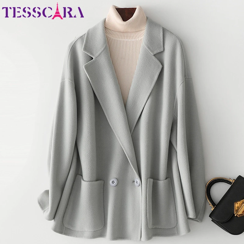 

TESSCARA Women Autumn Elegant Wool Blend Basic Jacket Coat Female High Quality Office Green Cashmere Jackets Outerwear & Coats
