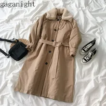 Gaganight Winter Women Trench Coat Thick Warm Long Coats Female Faux Fur Detachable Collar Sash Casual Loose Korean Overcoat