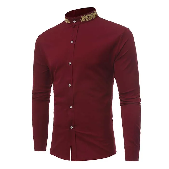 Мужская рубашка с длинным рукавом Camisa Masculin с вышивкой на шее, приталенная Повседневная рубашка с отложным воротником, мужские модные рубашки, Мужская одежда, Топ - Цвет: wine red