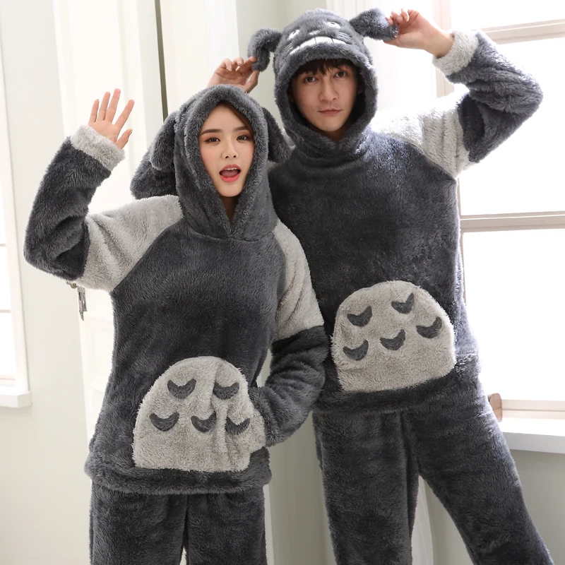 

Couples Thick Warm Hooded Cute Cartoon Flannel Pajama Sets for Women 2019 Winter Long Sleeve Coral Velvet Sleepwear Men Homewear
