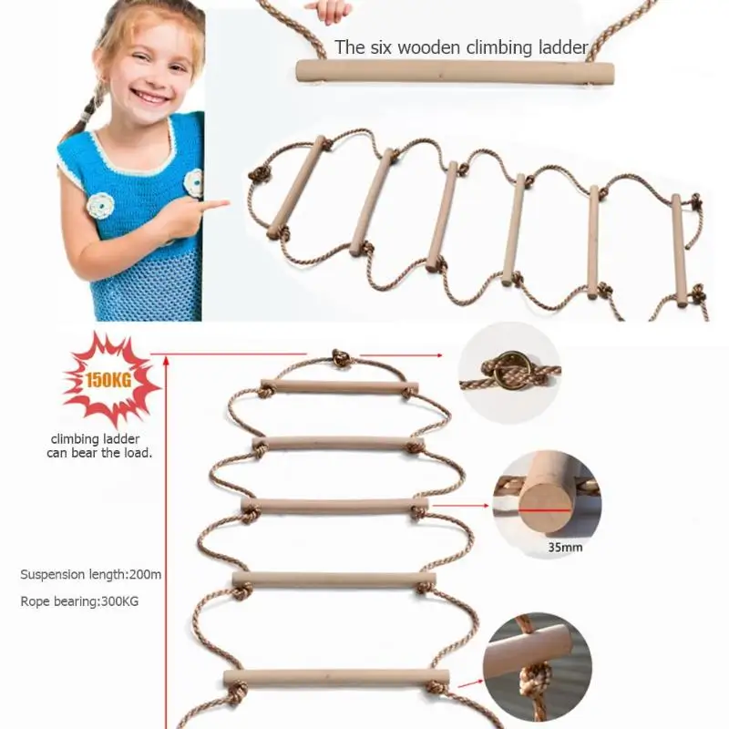 Wooden Rope Ladder Multi Rungs Safe Sports Rope Swing Swivel Rotary Connector Tools Children Activity Climbing Game Toys