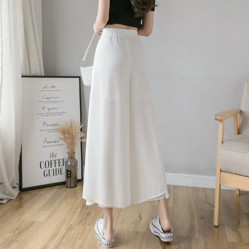 New Pants Women Girl Solid Color Pleated Wide Leg Female Summer High Waist Chiffon Long Students Korean Fashion Casual Pants