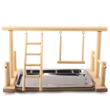 

HOT-Wood Play Stand and Stainless Steel Tray Pet Bird Frame Station Parrots Playground Perch Gym Training Stand Bird Comfortable