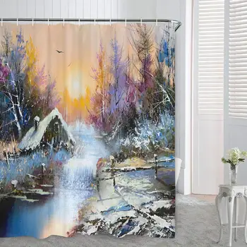 

Winter Sun Shower Curtain Stream Trees Nature Bathroom Shower Curtain Durable Waterproof with 12 Hooks