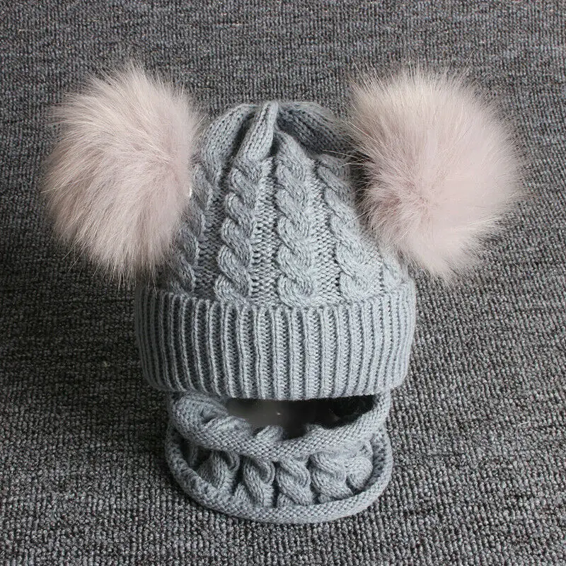 Baby Girl Boy Knitted Bobble Hat Double Pom Pom Winter Warm Crochet Stretchy Hat Bib Set
