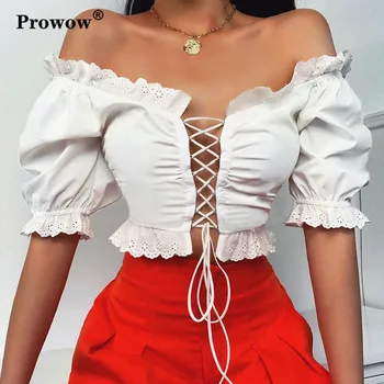 

Off Shoulder Hollow Lace Up Cotton Blouse Women Short Sleeve Ruffle Ruched Sweet Crop Top Ladies White Cropped Sexy Bandage Tops