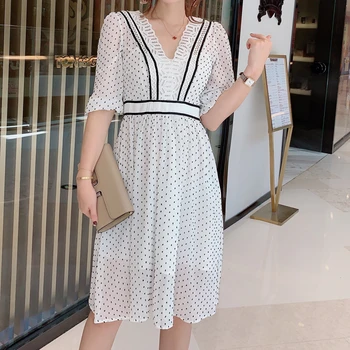 

Autumn New Style Sexy V-Neck Stitching Embroidery Sleeves Print Polka Dots Elegant Temperament Slim Dress Women'S Clothing