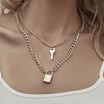 

European and American cross-border fashion geometric elements and retro key lock Shaped Pendant Necklace accessories